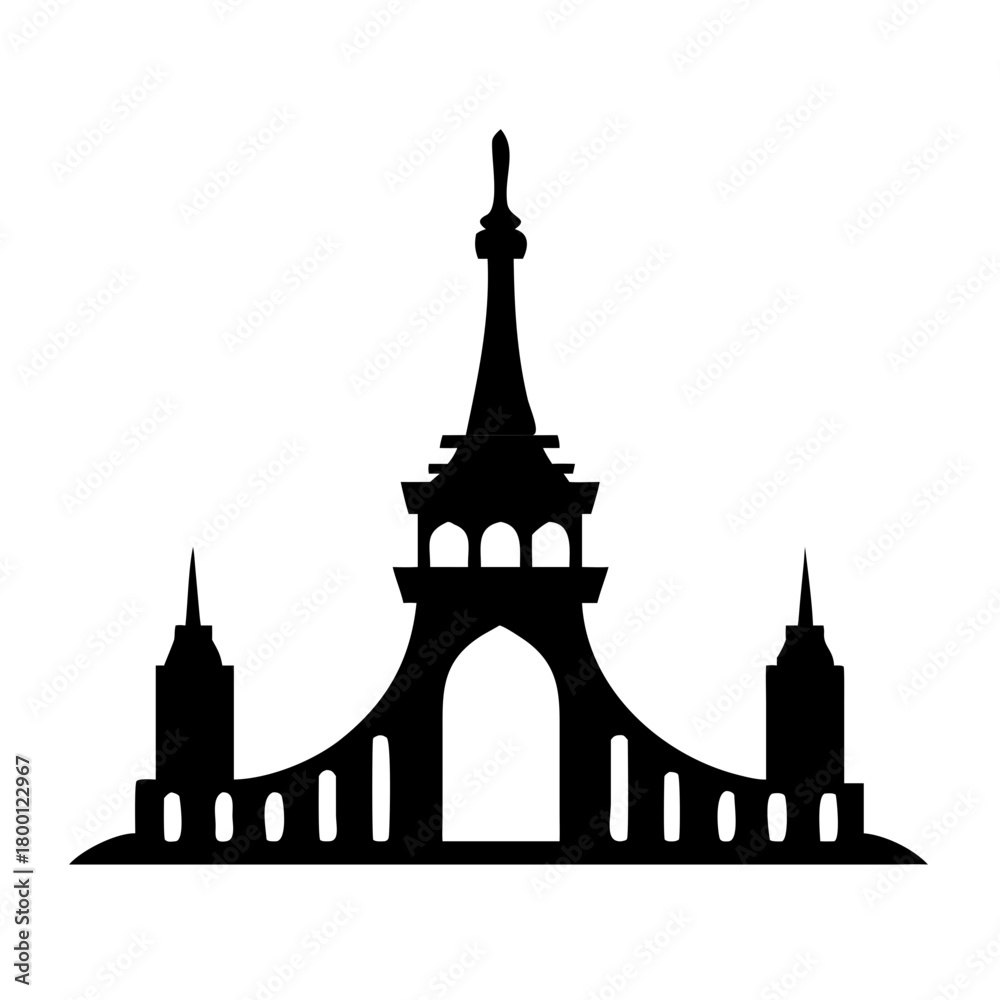 Fototapeta premium Silhouette of an ornate tower with multiple spires and arched entrance, isolated on