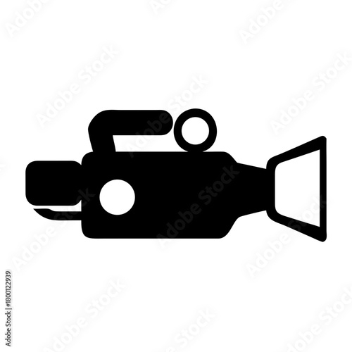 A black silhouette icon of a vintage video camera with a lens and handle, isolated on a