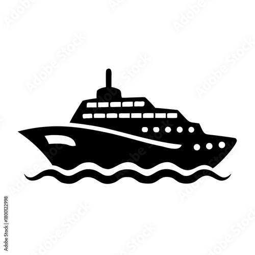 A black silhouette of a cruise ship sailing on wavy water, isolated on a