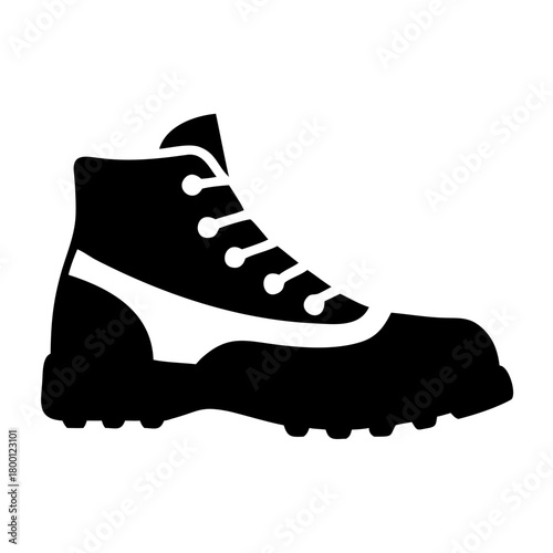 Black and white silhouette icon of a sturdy hiking boot with laces and a thick tread sole, symbolizing outdoor adventure, trekking, or rugged footwear