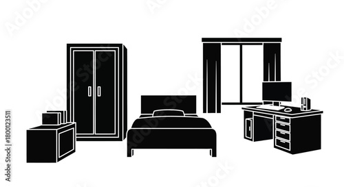 Simple bedroom furniture arrangement with a bed wardrobe desk and nightstand
