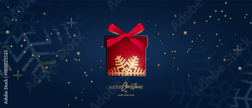 A festive banner with the inscriptions Merry Christmas and snowflakes made with ink brushstrokes. A festive product display box. Illustrations for greeting cards, website banners, and social media