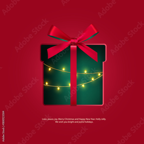 Christmas and New Year s card with a bright paper gift box decorated with light bulbs. Template for postcards, posters, and advertising banners. Vector illustration.