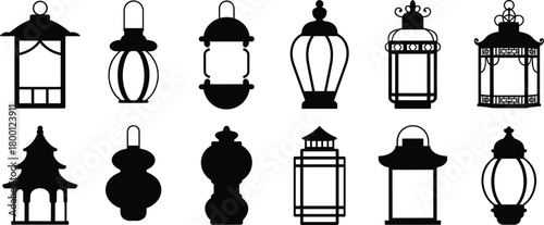 Traditional lantern silhouettes, vintage lamp icons, Asian inspired lantern designs, decorative outline lamps, cultural lighting symbols, ornamental lantern collection
