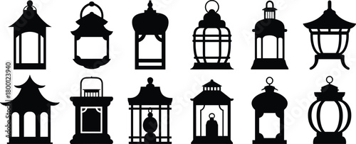 Traditional lantern silhouettes, Asian inspired lamp icons, vintage decorative lantern designs, cultural lighting symbols, ornate festival lantern collection, vector illustration set