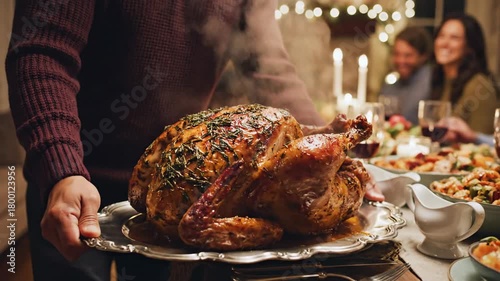 Proud Father Presents a Steaming Roasted Turkey to a Joyful Family Holiday Dinner Celebration