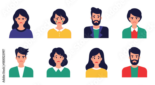 Illustrative avatars depicting various negative human emotions like sadness, anger, and disappointment, highlighting emotional challenges and states in contemporary life