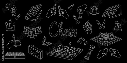 Chess outline illustrations on dark background with glowing white lines