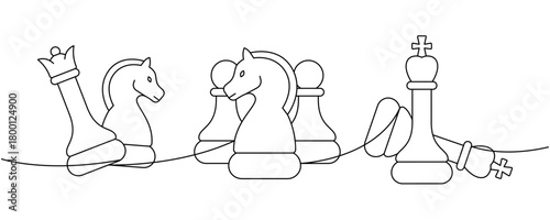 Minimalist chess line drawing of knights, pawns, and a fallen king in abstract design