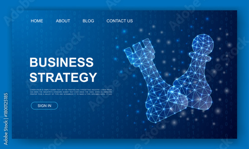 Digital chess rook and pawn glowing in low poly mesh style with business strategy banner on dark cyber background