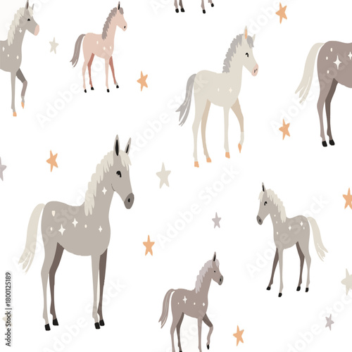 Cute seamless pattern with grey horses and stars in boho style. Pajamas and T-shirt design. Vector illustration zodiac animals on white background




