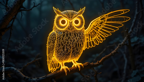 Wise Owl Wireframe Hologram Perched on Branch Glowing with Golden Neon Light