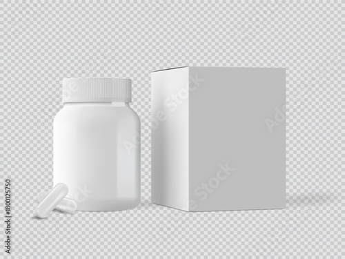 White plastic pill bottle mockup, vitamin or supplement jar template. Medicine packaging with lid. Pharmacy packaging. Cardboard box and white pill capsules. Realistic set of vector 3D illustrations.
