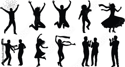 Celebration and dance silhouette vector set, joyful movement poses, black flat design, expressive party illustration, social interaction elements