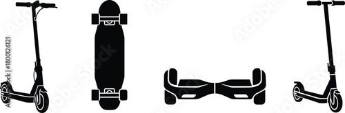 Electric transport silhouette vector set, scooter, skateboard, hoverboard icons, black flat design, modern mobility illustration elements