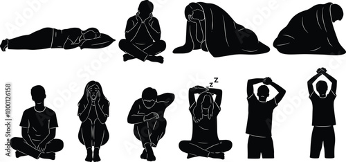 Emotional distress silhouette vector set, sadness and fatigue poses, mental health illustration, black flat design, expressive body language