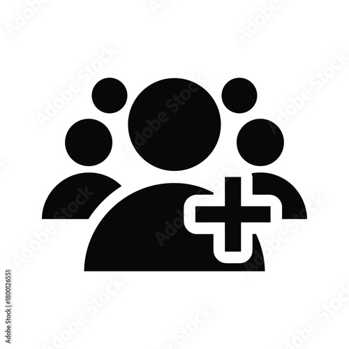 Black icon representing a group of people with a plus sign, indicating adding members