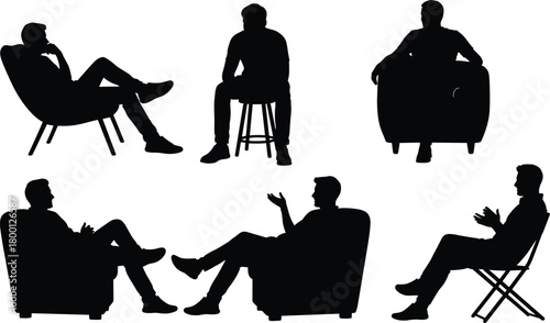 Seated figure silhouette vector set, chair pose collection, black flat design, discussion and introspection illustration, social interaction concept