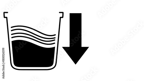 Vector illustration of black silhouette of a cup with liquid and a downward arrow, isolated on transparent background 