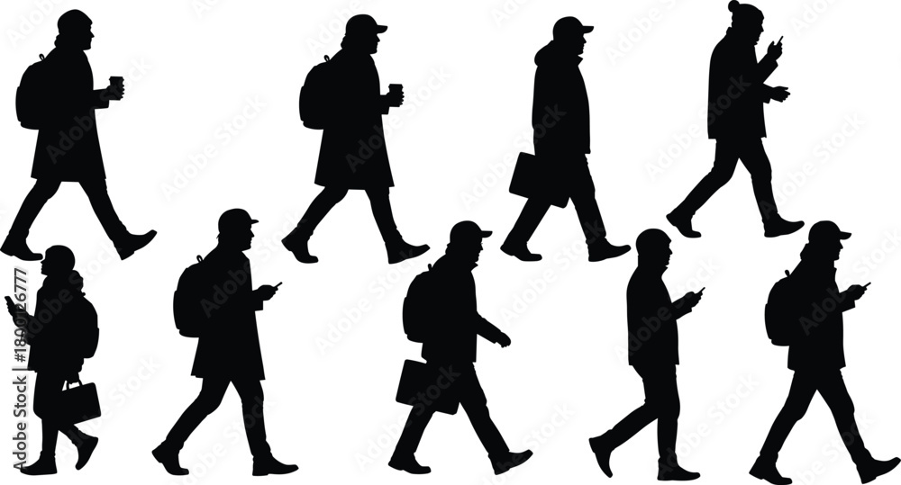 Obraz premium Walking silhouette vector set, everyday people poses, black flat design, urban movement, casual behavior illustration, modern lifestyle elements