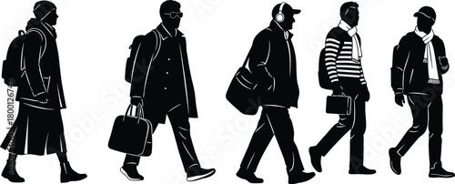 Urban winter walking silhouette vector set, stylish commuter poses, black flat design, cold weather fashion illustration elements
