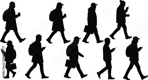Walking silhouette vector set, everyday people poses, black flat design, urban movement, casual behavior illustration, modern lifestyle elements