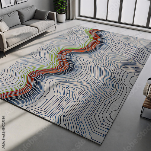 Modern Living Room Rug with Abstract Circuit Line Pattern