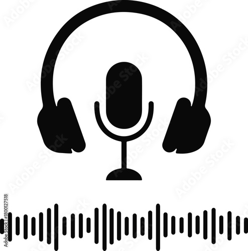Headphones, Microphone, and Sound Wave Icons — Audio Equipment Symbols, Music and Podcast Recording Icons, Digital Soundwave Elements for Media, Broadcasting, and App UI Design