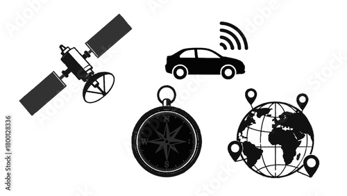 Vector illustration of global positioning and navigation technology icons isolated on transparent background
