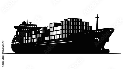 Vector illustration of silhouette of a cargo ship loaded with containers, isolated on transparent background 