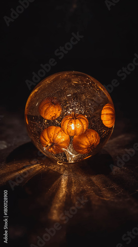 Illuminated glass orb with pumpkins