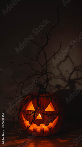 Spooky carved pumpkin with branches for Halloween