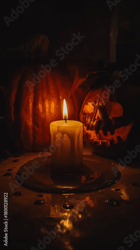 Spooky candle and carved pumpkins for Halloween