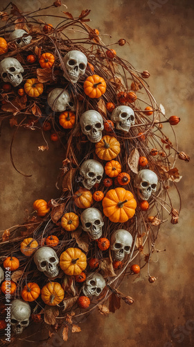 Autumn wreath with skulls and pumpkins