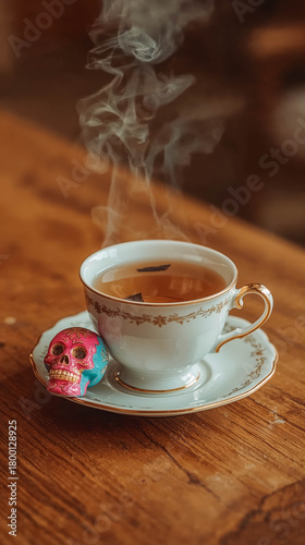 Steaming tea cup with colorful skull figurine