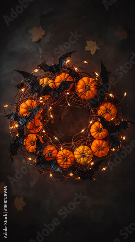 Autumn halloween wreath with pumpkins and bats
