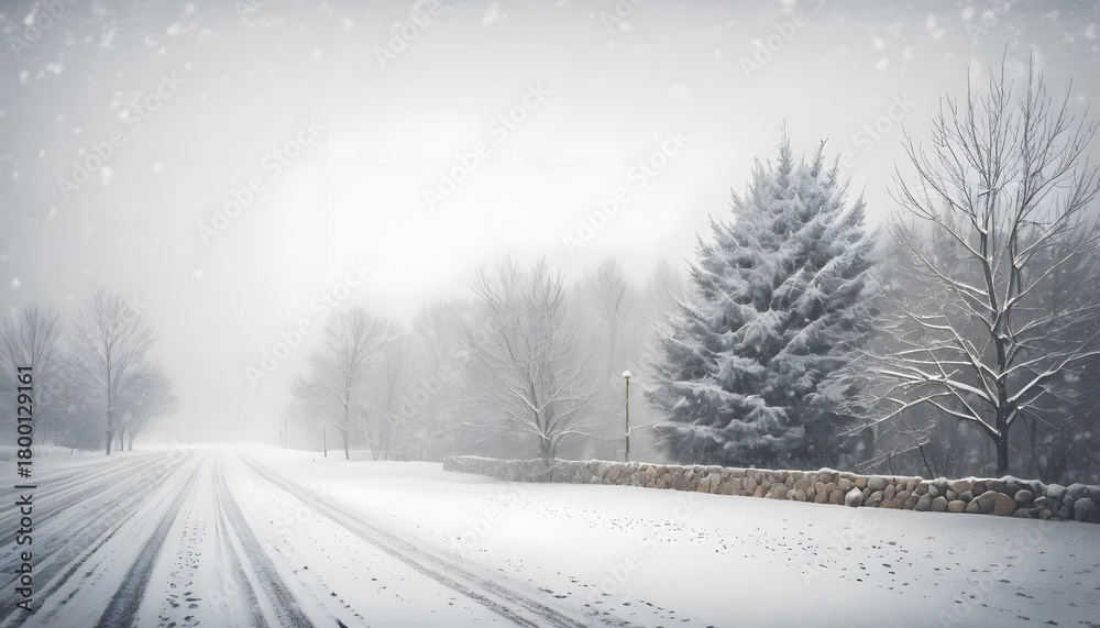 Obraz premium A tranquil country road covered in fresh snow winds through a quiet forest during a heavy winter snowfall