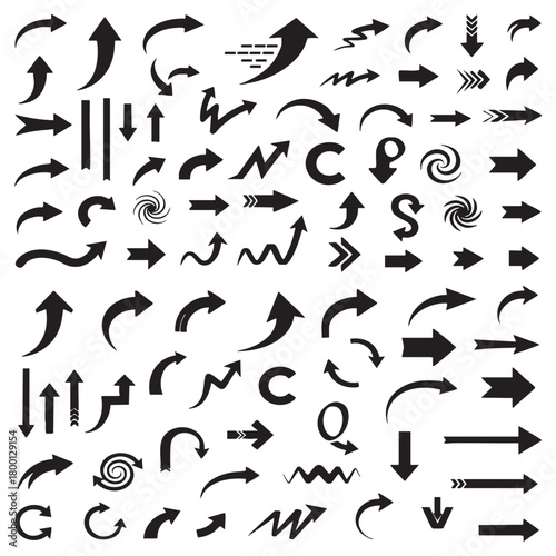 Collection of diverse black arrow symbols and icons pointing in various directions and styles