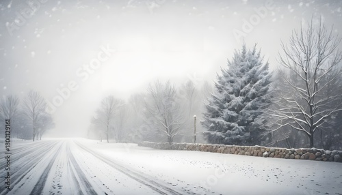 A tranquil country road covered in fresh snow winds through a quiet forest during a heavy winter snowfall