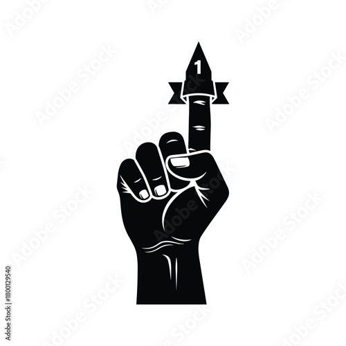 Black icon of a hand pointing upwards with the number 1 on a banner, symbolizing first place or a winning concept, isolated on