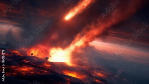 Cataclysmic meteor shower impacts planet surface, causing massive fiery explosions and glowing lava under a dark, apocalyptic sky.