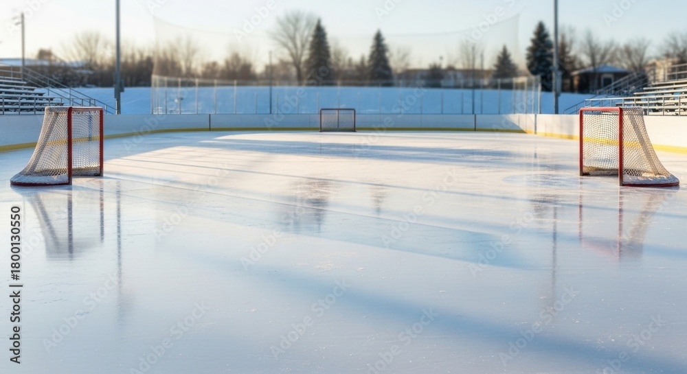 Obraz premium Empty outdoor ice skating rink with two hockey goals and empty bleachers in a sports park. Winter sport recreation area for public use and training.