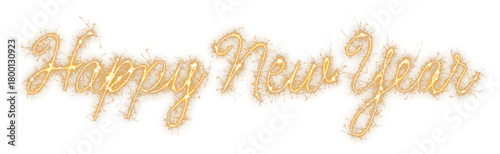 Happy New Year text in flowing gold sparkle, an isolated element for use on greeting cards, social media posts, festive invitations, or digital banners