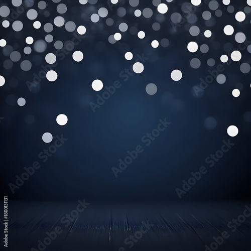 Abstract deep blue background featuring a dark wooden floor stage and shimmering white bokeh light effects for a magical display backdrop