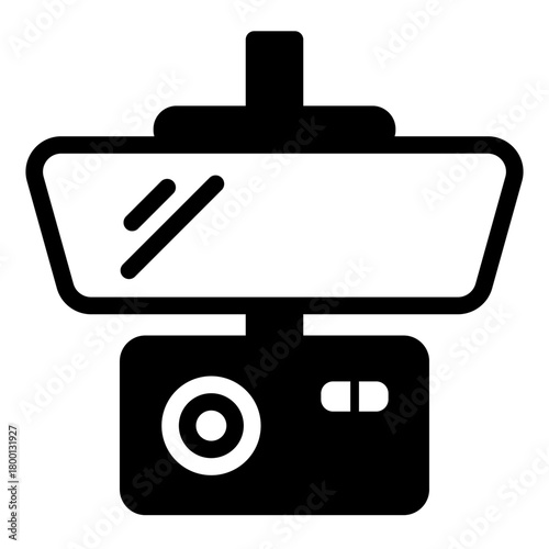 Rearview mirror with recorder solid icon, car parts concept. Vector graphics. Safety camera sign on white background, style icon mobile or web design.