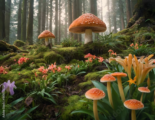 fantastic wonderland landscape with mushrooms, lilies flowers, japanese garden in autumn