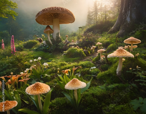 fantastic wonderland landscape with mushrooms, lilies flowers, japanese garden in autumn