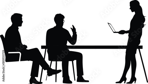 Business meeting silhouette scene with professionals discussing ideas at table in modern workplace collaboration and teamwork concept