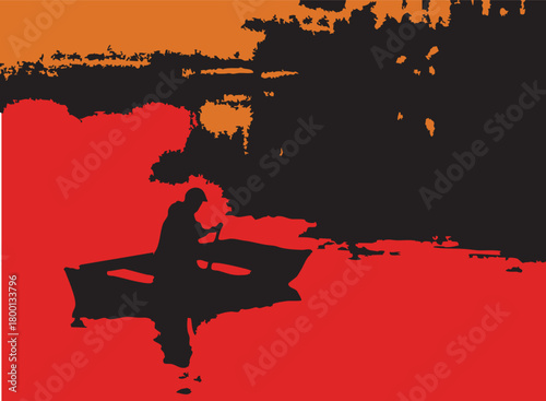 Man on boat on lake silhouette