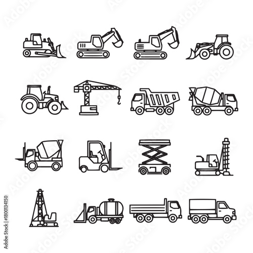 Set of line icons for construction and heavy machinery vehicles